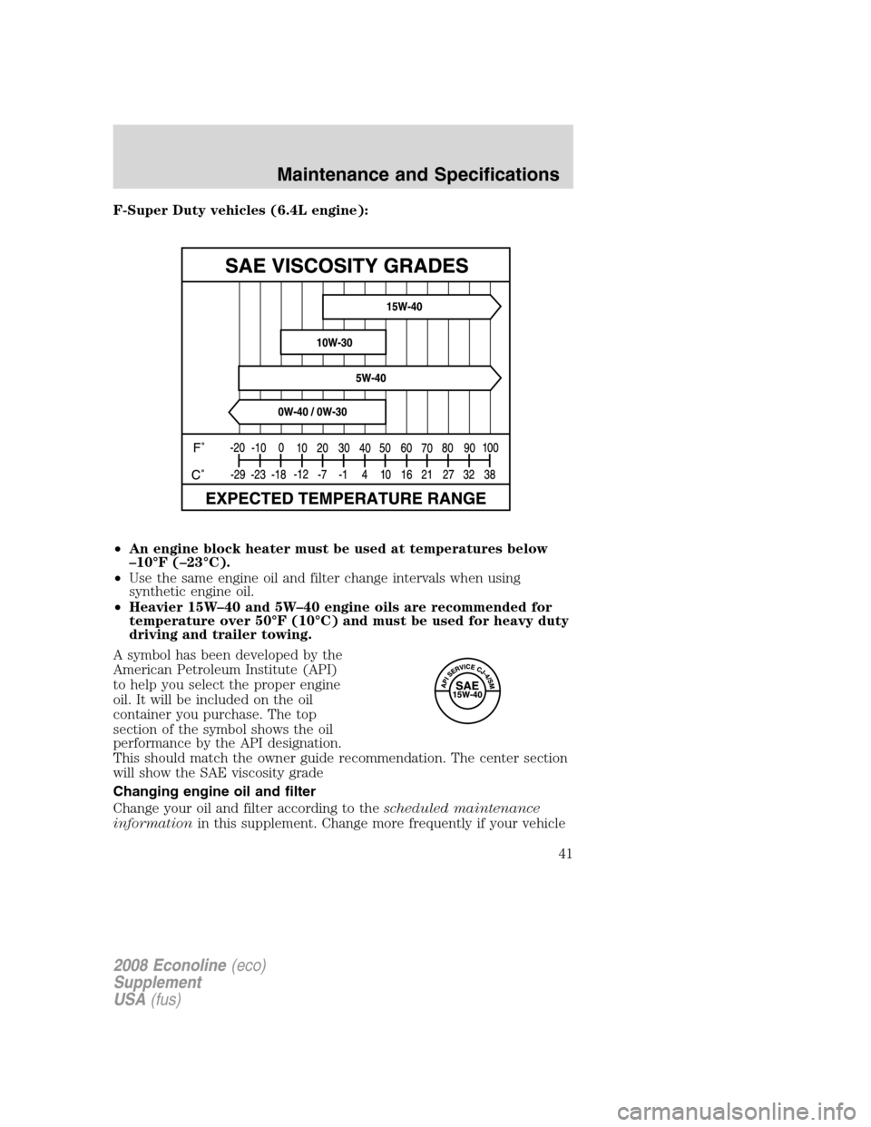 FORD SUPER DUTY 2008 2.G Diesel Supplement Manual F-Super Duty vehicles (6.4L engine):
•An engine block heater must be used at temperatures below
–10°F (–23°C).
•Use the same engine oil and filter change intervals when using
synthetic engin