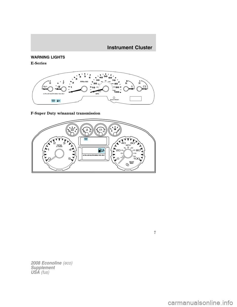 FORD SUPER DUTY 2008 2.G Diesel Supplement Manual WARNING LIGHTS
E-Series
F-Super Duty w/manual transmission
2008 Econoline(eco)
Supplement
USA(fus)
Instrument Cluster
7 