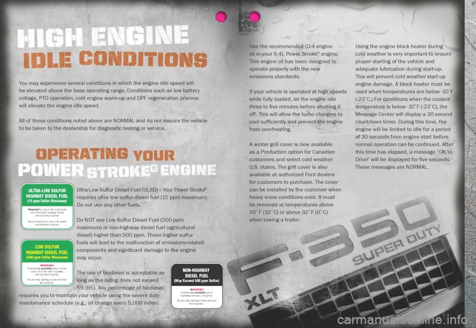 FORD SUPER DUTY 2008 2.G Owner Guide Supplement You may experience several conditions in which the engine idle speed will
be elevated above the base operating range. Conditions such as low battery
voltage, PTO operation, cold engine warm-up and D FORD SUPER DUTY 2008 2.G Owner Guide Supplement You may experience several conditions in which the engine idle speed will
be elevated above the base operating range. Conditions such as low battery
voltage, PTO operation, cold engine warm-up and D