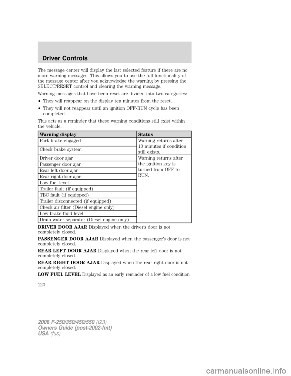 FORD SUPER DUTY 2008 2.G Owners Manual The message center will display the last selected feature if there are no
more warning messages. This allows you to use the full functionality of
the message center after you acknowledge the warning b
