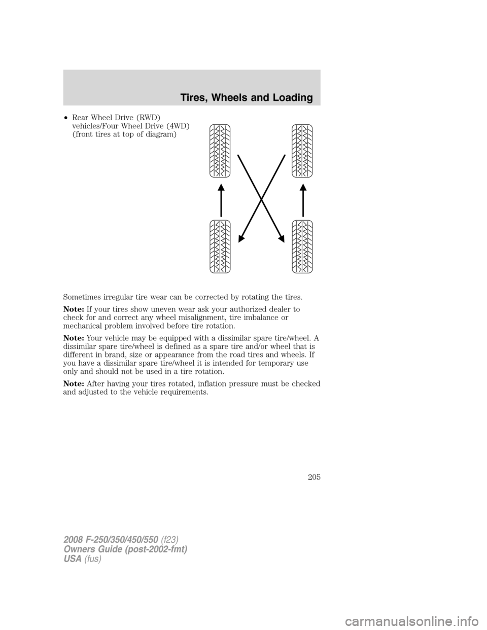 FORD SUPER DUTY 2008 2.G Owners Manual •Rear Wheel Drive (RWD)
vehicles/Four Wheel Drive (4WD)
(front tires at top of diagram)
Sometimes irregular tire wear can be corrected by rotating the tires.
Note:If your tires show uneven wear ask 
