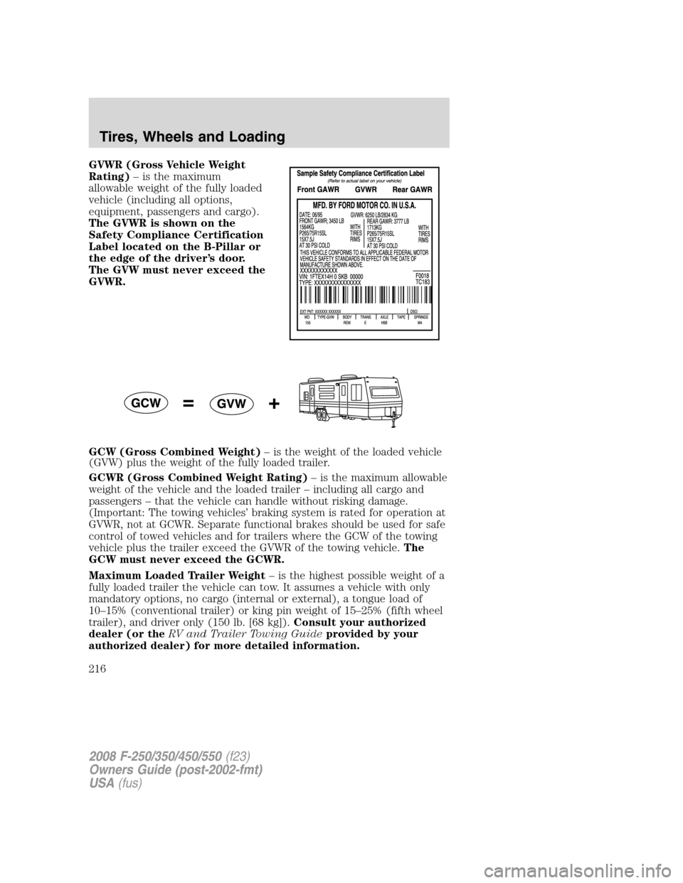 FORD SUPER DUTY 2008 2.G Owners Manual GVWR (Gross Vehicle Weight
Rating)– is the maximum
allowable weight of the fully loaded
vehicle (including all options,
equipment, passengers and cargo).
The GVWR is shown on the
Safety Compliance C