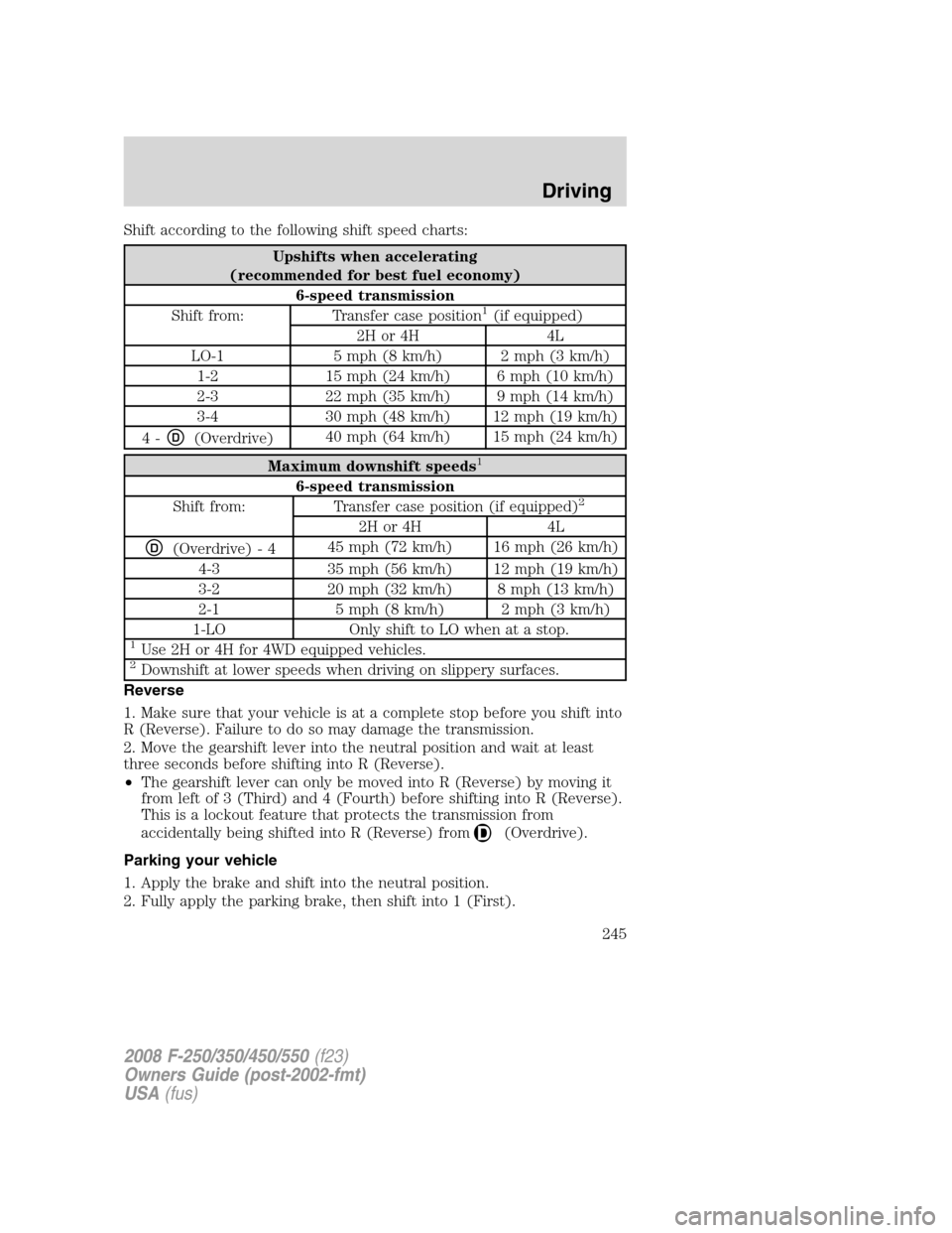 FORD SUPER DUTY 2008 2.G Owners Manual Shift according to the following shift speed charts:
Upshifts when accelerating
(recommended for best fuel economy)
6-speed transmission
Shift from: Transfer case position
1(if equipped)
2H or 4H 4L
L FORD SUPER DUTY 2008 2.G Owners Manual Shift according to the following shift speed charts:
Upshifts when accelerating
(recommended for best fuel economy)
6-speed transmission
Shift from: Transfer case position
1(if equipped)
2H or 4H 4L
L