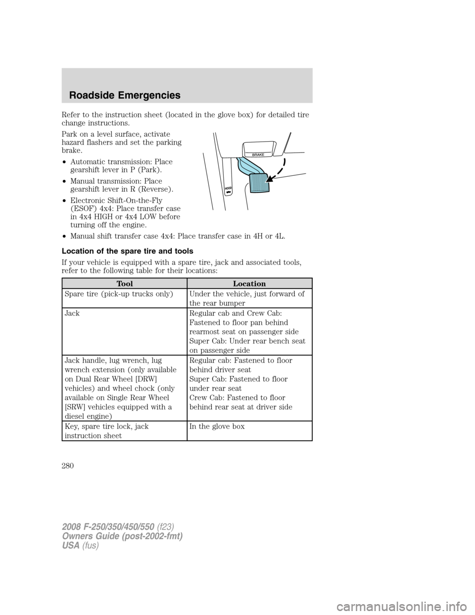 FORD SUPER DUTY 2008 2.G Owners Manual Refer to the instruction sheet (located in the glove box) for detailed tire
change instructions.
Park on a level surface, activate
hazard flashers and set the parking
brake.
•Automatic transmission: FORD SUPER DUTY 2008 2.G Owners Manual Refer to the instruction sheet (located in the glove box) for detailed tire
change instructions.
Park on a level surface, activate
hazard flashers and set the parking
brake.
•Automatic transmission: