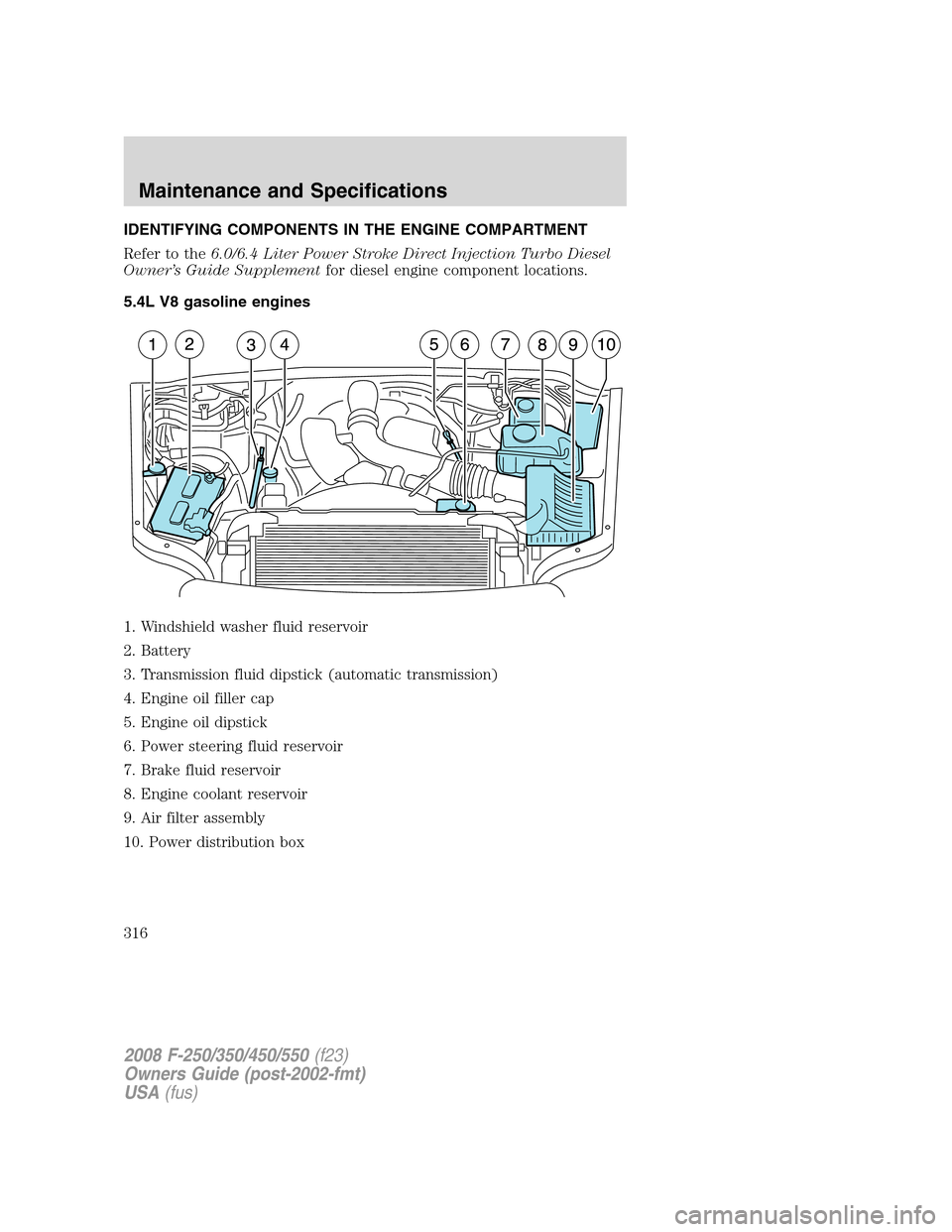 FORD SUPER DUTY 2008 2.G Owners Manual IDENTIFYING COMPONENTS IN THE ENGINE COMPARTMENT
Refer to the6.0/6.4 Liter Power Stroke Direct Injection Turbo Diesel
Owner’s Guide Supplementfor diesel engine component locations.
5.4L V8 gasoline FORD SUPER DUTY 2008 2.G Owners Manual IDENTIFYING COMPONENTS IN THE ENGINE COMPARTMENT
Refer to the6.0/6.4 Liter Power Stroke Direct Injection Turbo Diesel
Owner’s Guide Supplementfor diesel engine component locations.
5.4L V8 gasoline