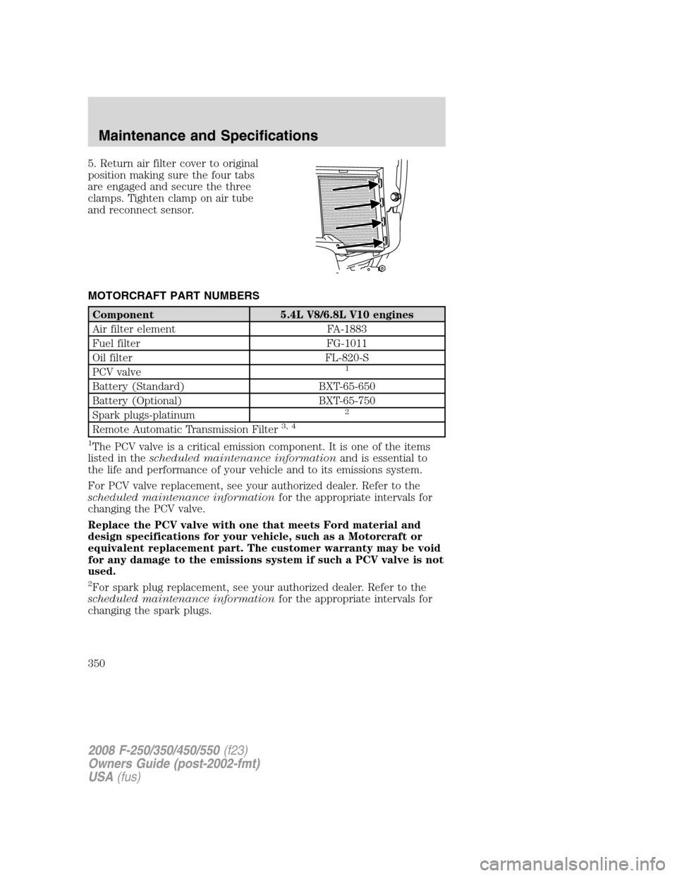 FORD SUPER DUTY 2008 2.G Owners Manual 5. Return air filter cover to original
position making sure the four tabs
are engaged and secure the three
clamps. Tighten clamp on air tube
and reconnect sensor.
MOTORCRAFT PART NUMBERS
Component 5.4