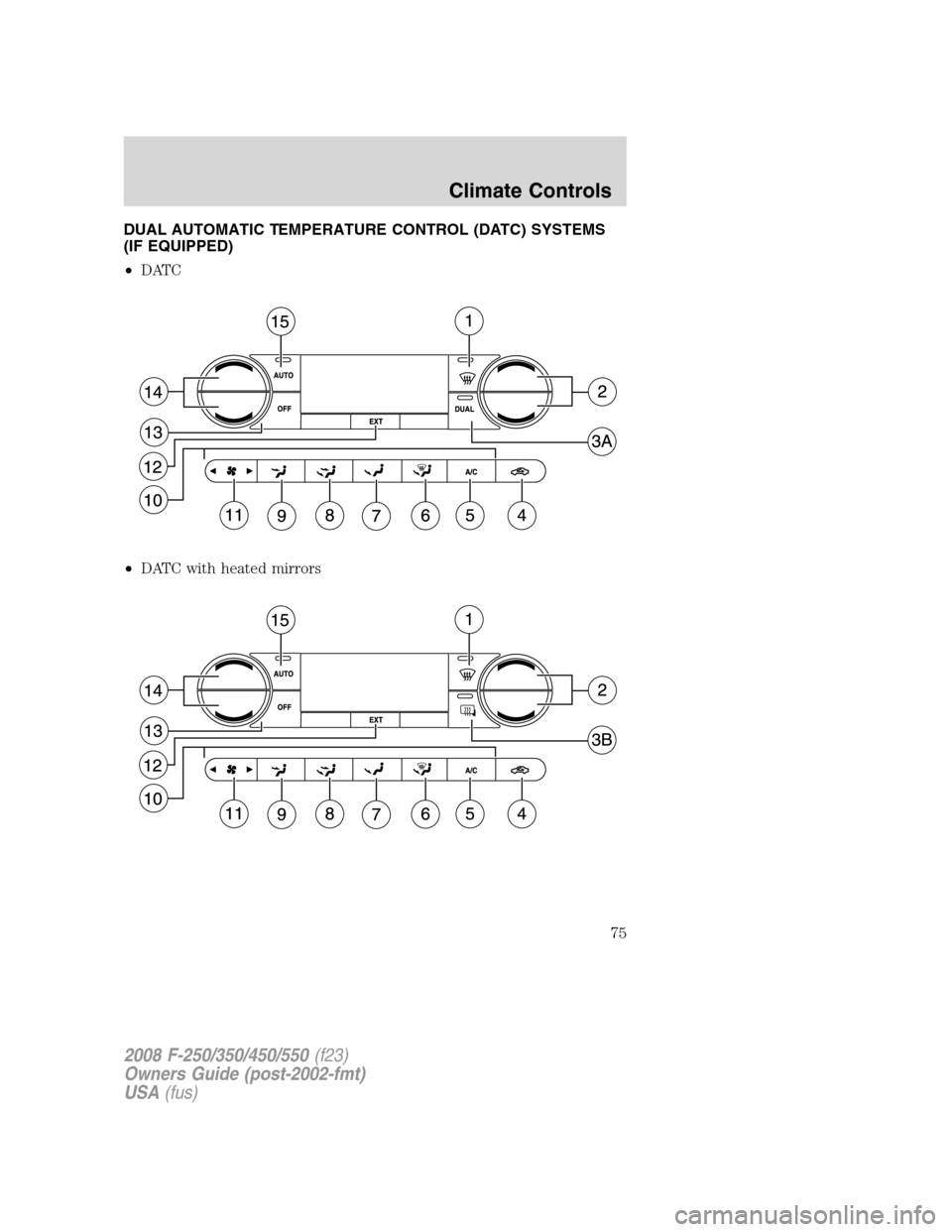 FORD SUPER DUTY 2008 2.G Manual PDF DUAL AUTOMATIC TEMPERATURE CONTROL (DATC) SYSTEMS
(IF EQUIPPED)
•DATC
•DATC with heated mirrors
2008 F-250/350/450/550(f23)
Owners Guide (post-2002-fmt)
USA(fus)
Climate Controls
75 