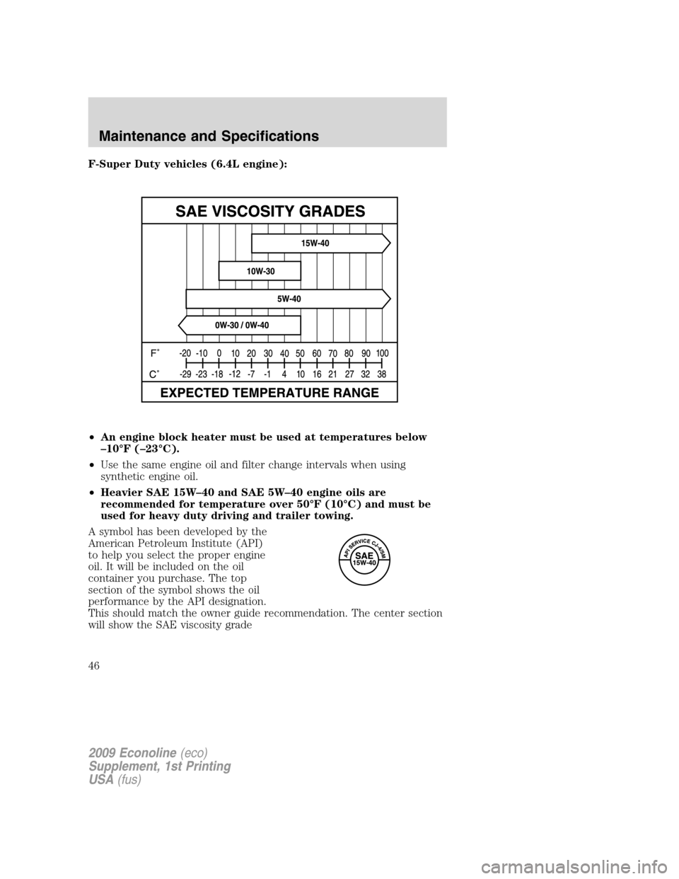 FORD SUPER DUTY 2009 2.G Diesel Supplement Manual F-Super Duty vehicles (6.4L engine):
•An engine block heater must be used at temperatures below
–10°F (–23°C).
•Use the same engine oil and filter change intervals when using
synthetic engin