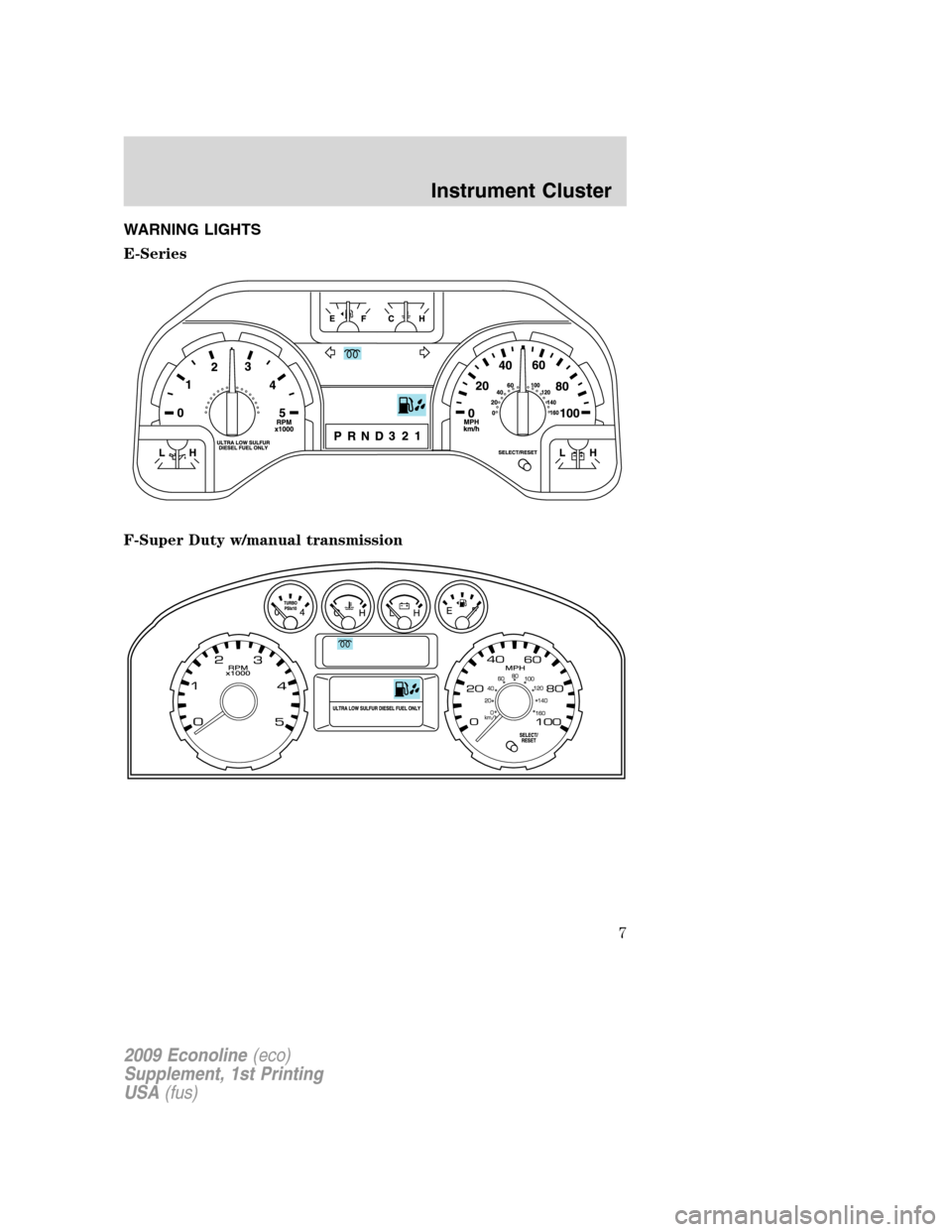 FORD SUPER DUTY 2009 2.G Diesel Supplement Manual WARNING LIGHTS
E-Series
F-Super Duty w/manual transmission
2009 Econoline(eco)
Supplement, 1st Printing
USA(fus)
Instrument Cluster
7 