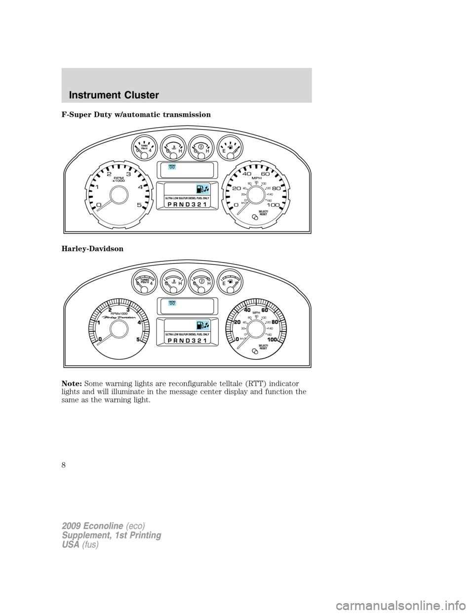 FORD SUPER DUTY 2009 2.G Diesel Supplement Manual F-Super Duty w/automatic transmission
Harley-Davidson
Note:Some warning lights are reconfigurable telltale (RTT) indicator
lights and will illuminate in the message center display and function the
sam