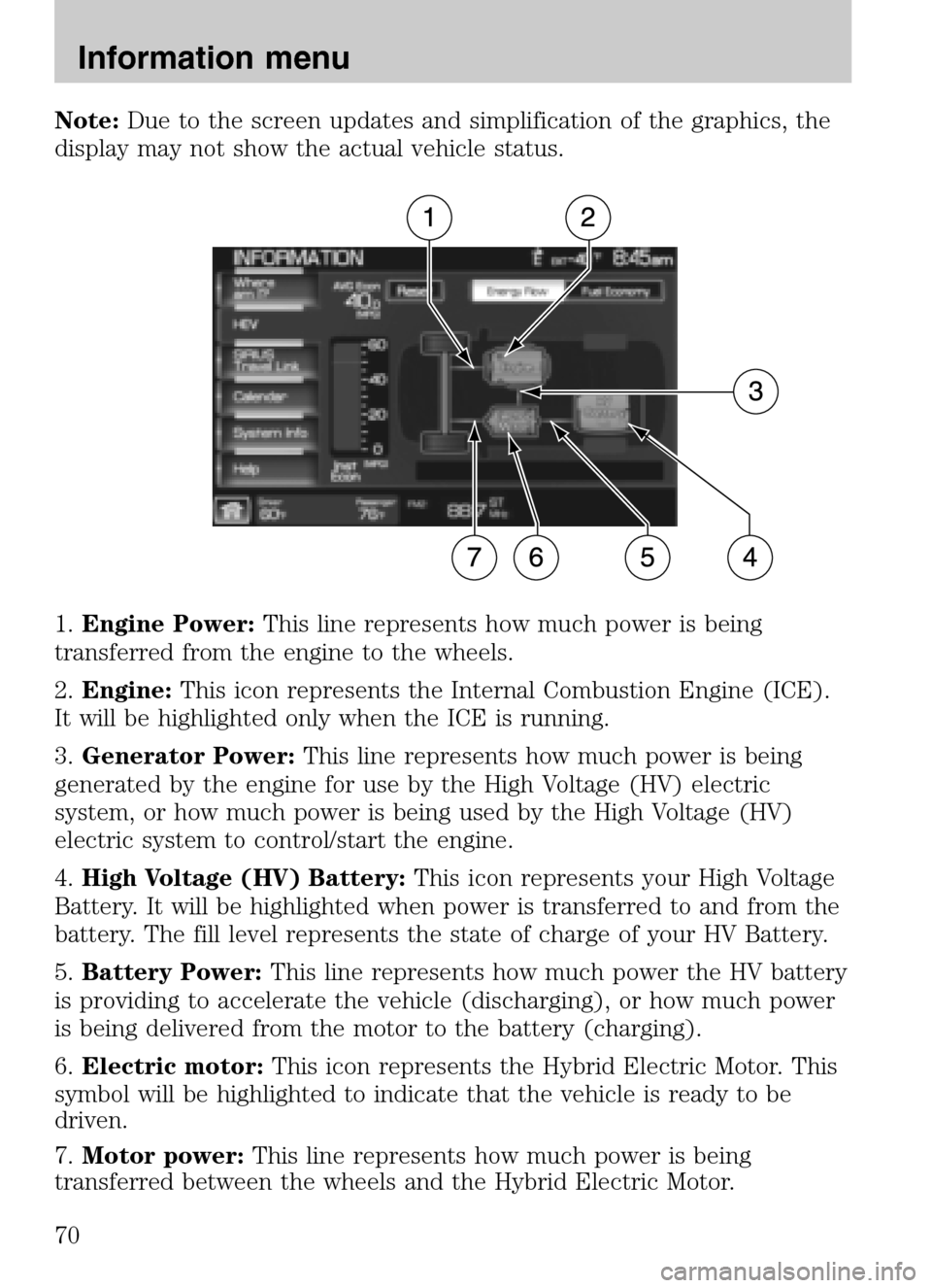 FORD SUPER DUTY 2009 2.G Navigation System Manual Note:Due to the screen updates and simplification of the graphics, the
display may not show the actual vehicle status.
1. Engine Power: This line represents how much power is being
transferred fro FORD SUPER DUTY 2009 2.G Navigation System Manual Note:Due to the screen updates and simplification of the graphics, the
display may not show the actual vehicle status.
1. Engine Power: This line represents how much power is being
transferred fro