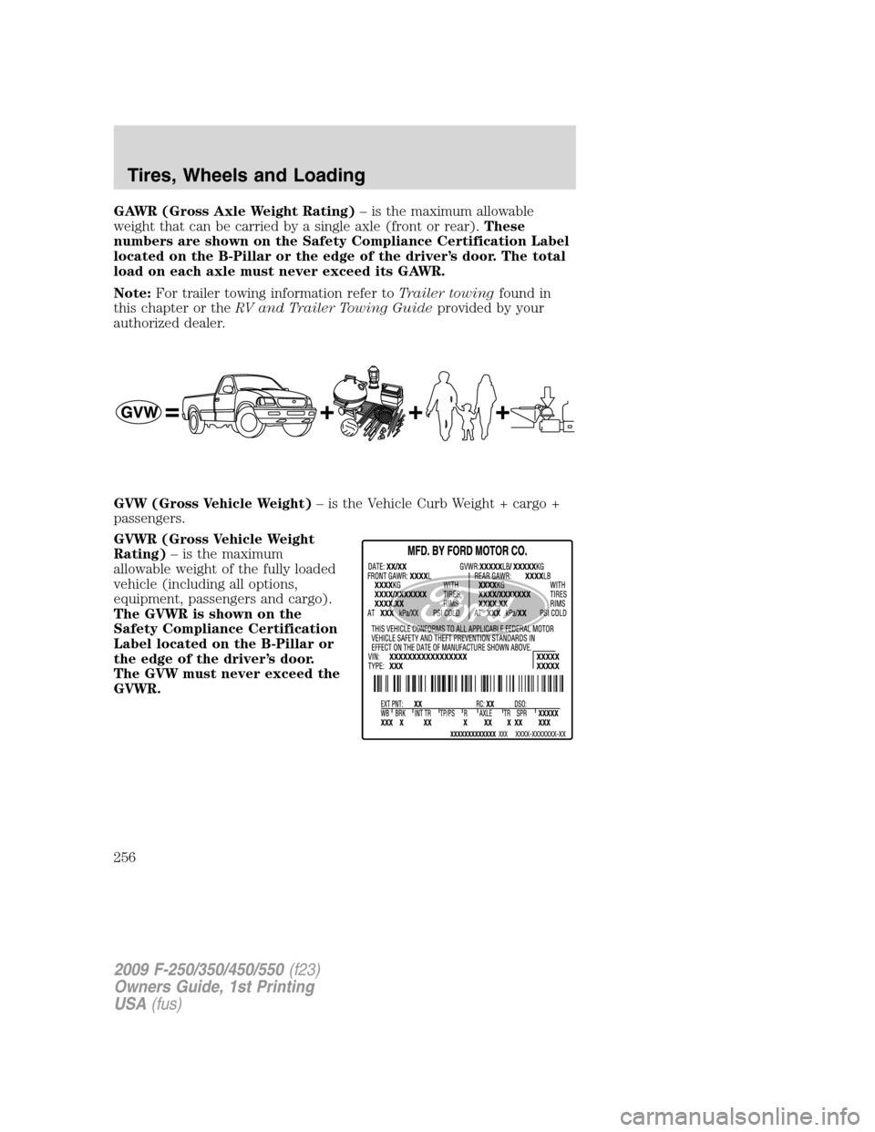 FORD SUPER DUTY 2009 2.G Owners Manual GAWR (Gross Axle Weight Rating)– is the maximum allowable
weight that can be carried by a single axle (front or rear).These
numbers are shown on the Safety Compliance Certification Label
located on 