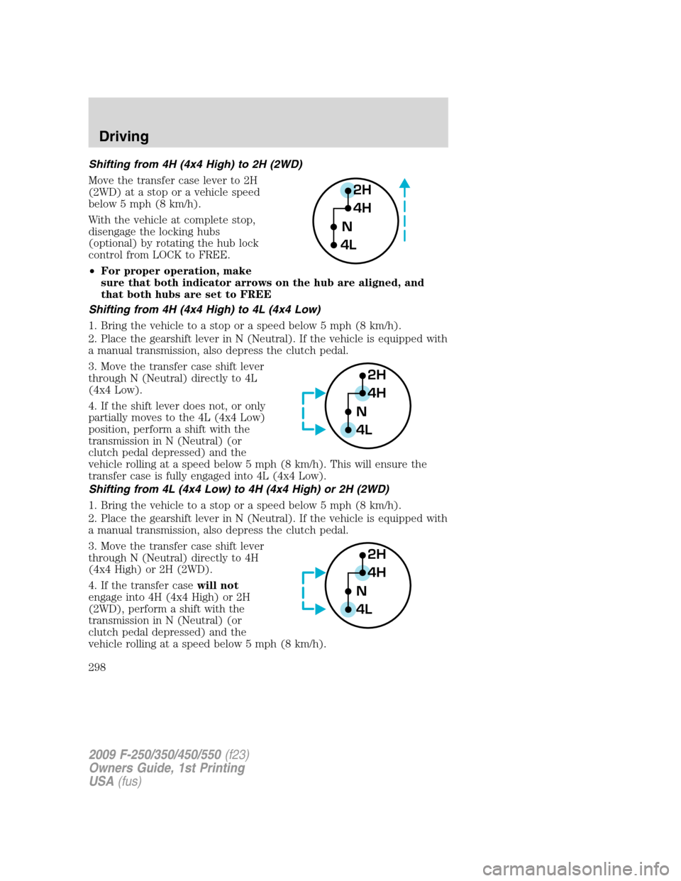 FORD SUPER DUTY 2009 2.G Owners Manual Shifting from 4H (4x4 High) to 2H (2WD)
Move the transfer case lever to 2H
(2WD) at a stop or a vehicle speed
below 5 mph (8 km/h).
With the vehicle at complete stop,
disengage the locking hubs
(optio FORD SUPER DUTY 2009 2.G Owners Manual Shifting from 4H (4x4 High) to 2H (2WD)
Move the transfer case lever to 2H
(2WD) at a stop or a vehicle speed
below 5 mph (8 km/h).
With the vehicle at complete stop,
disengage the locking hubs
(optio