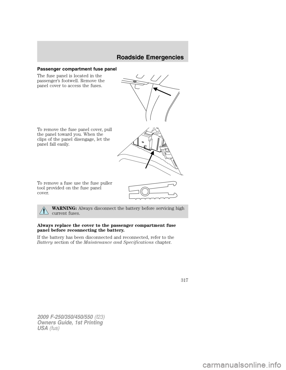 FORD SUPER DUTY 2009 2.G Owners Manual Passenger compartment fuse panel
The fuse panel is located in the
passenger’s footwell. Remove the
panel cover to access the fuses.
To remove the fuse panel cover, pull
the panel toward you. When th