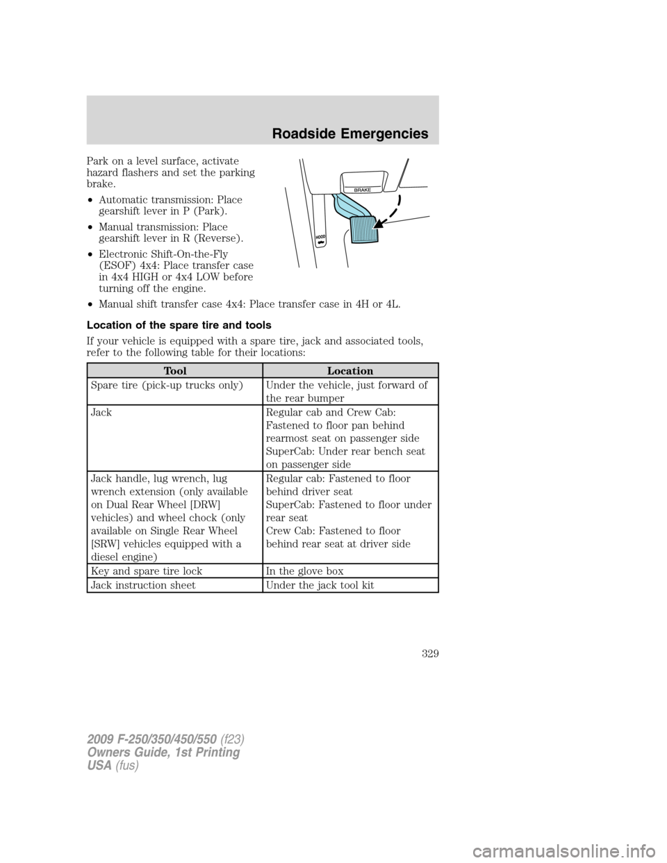 FORD SUPER DUTY 2009 2.G Owners Manual Park on a level surface, activate
hazard flashers and set the parking
brake.
•Automatic transmission: Place
gearshift lever in P (Park).
•Manual transmission: Place
gearshift lever in R (Reverse).