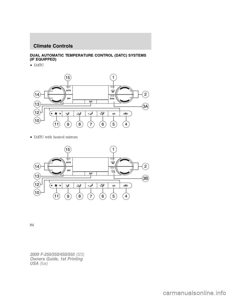 FORD SUPER DUTY 2009 2.G Owners Manual DUAL AUTOMATIC TEMPERATURE CONTROL (DATC) SYSTEMS
(IF EQUIPPED)
•DATC
•DATC with heated mirrors
2009 F-250/350/450/550(f23)
Owners Guide, 1st Printing
USA(fus)
Climate Controls
84 FORD SUPER DUTY 2009 2.G Owners Manual DUAL AUTOMATIC TEMPERATURE CONTROL (DATC) SYSTEMS
(IF EQUIPPED)
•DATC
•DATC with heated mirrors
2009 F-250/350/450/550(f23)
Owners Guide, 1st Printing
USA(fus)
Climate Controls
84