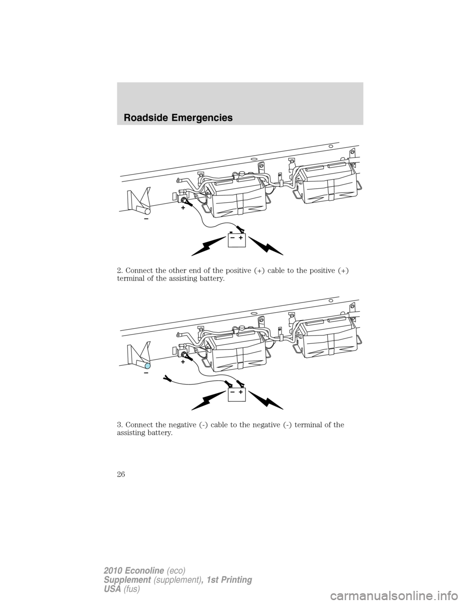 FORD SUPER DUTY 2010 2.G Diesel Supplement Manual 2. Connect the other end of the positive (+) cable to the positive (+)
terminal of the assisting battery.
3. Connect the negative (-) cable to the negative (-) terminal of the
assisting battery.
Roads