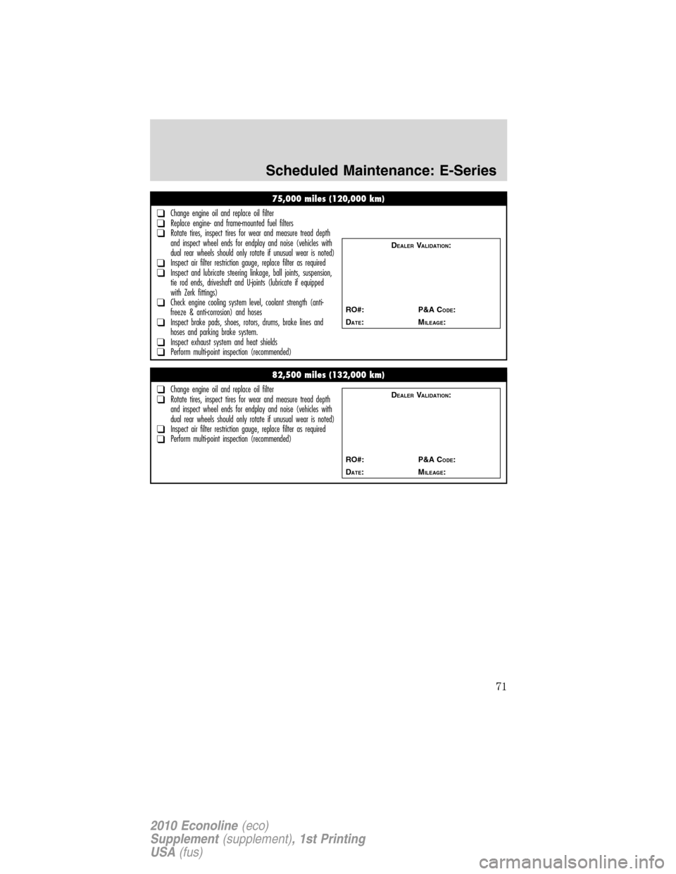 FORD SUPER DUTY 2010 2.G Diesel Supplement Manual 75,000 miles (120,000 km)
❑Change engine oil and replace oil filter❑Replace engine- and frame-mounted fuel filters❑Rotate tires, inspect tires for wear and measure tread depth
and inspect wheel 