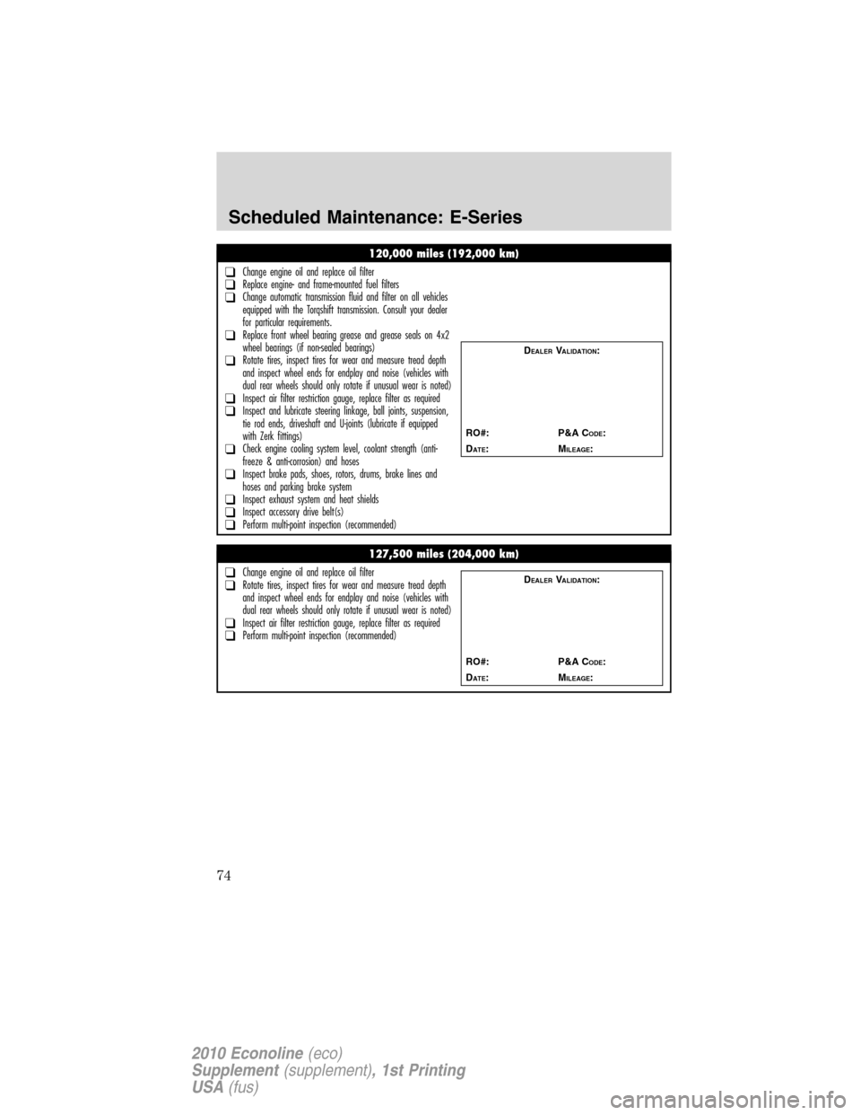 FORD SUPER DUTY 2010 2.G Diesel Supplement Manual 120,000 miles (192,000 km)
❑Change engine oil and replace oil filter❑Replace engine- and frame-mounted fuel filters❑Change automatic transmission fluid and filter on all vehicles
equipped with t