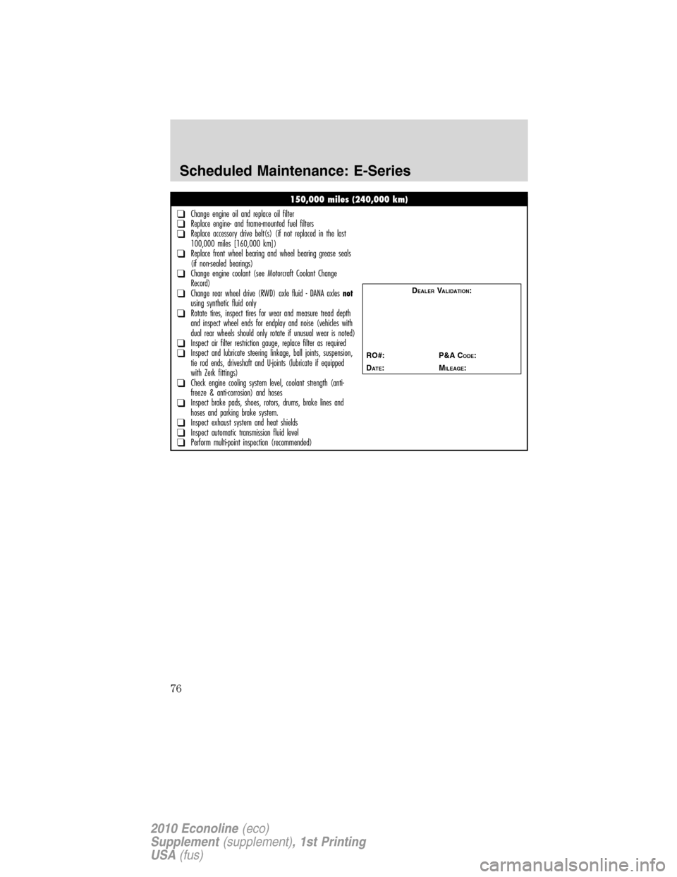 FORD SUPER DUTY 2010 2.G Diesel Supplement Manual 150,000 miles (240,000 km)
❑Change engine oil and replace oil filter❑Replace engine- and frame-mounted fuel filters❑Replace accessory drive belt(s) (if not replaced in the last
100,000 miles [16