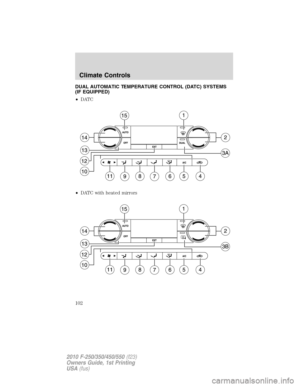 FORD SUPER DUTY 2010 2.G Owners Manual DUAL AUTOMATIC TEMPERATURE CONTROL (DATC) SYSTEMS
(IF EQUIPPED)
•DATC
•DATC with heated mirrors
Climate Controls
102
2010 F-250/350/450/550(f23)
Owners Guide, 1st Printing
USA(fus) FORD SUPER DUTY 2010 2.G Owners Manual DUAL AUTOMATIC TEMPERATURE CONTROL (DATC) SYSTEMS
(IF EQUIPPED)
•DATC
•DATC with heated mirrors
Climate Controls
102
2010 F-250/350/450/550(f23)
Owners Guide, 1st Printing
USA(fus)