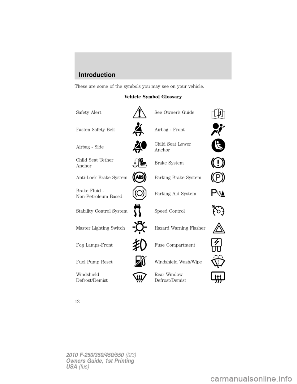 FORD SUPER DUTY 2010 2.G Owners Manual These are some of the symbols you may see on your vehicle.
Vehicle Symbol Glossary
Safety Alert
See Owner’s Guide
Fasten Safety BeltAirbag - Front
Airbag - SideChild Seat Lower
Anchor
Child Seat Tet
