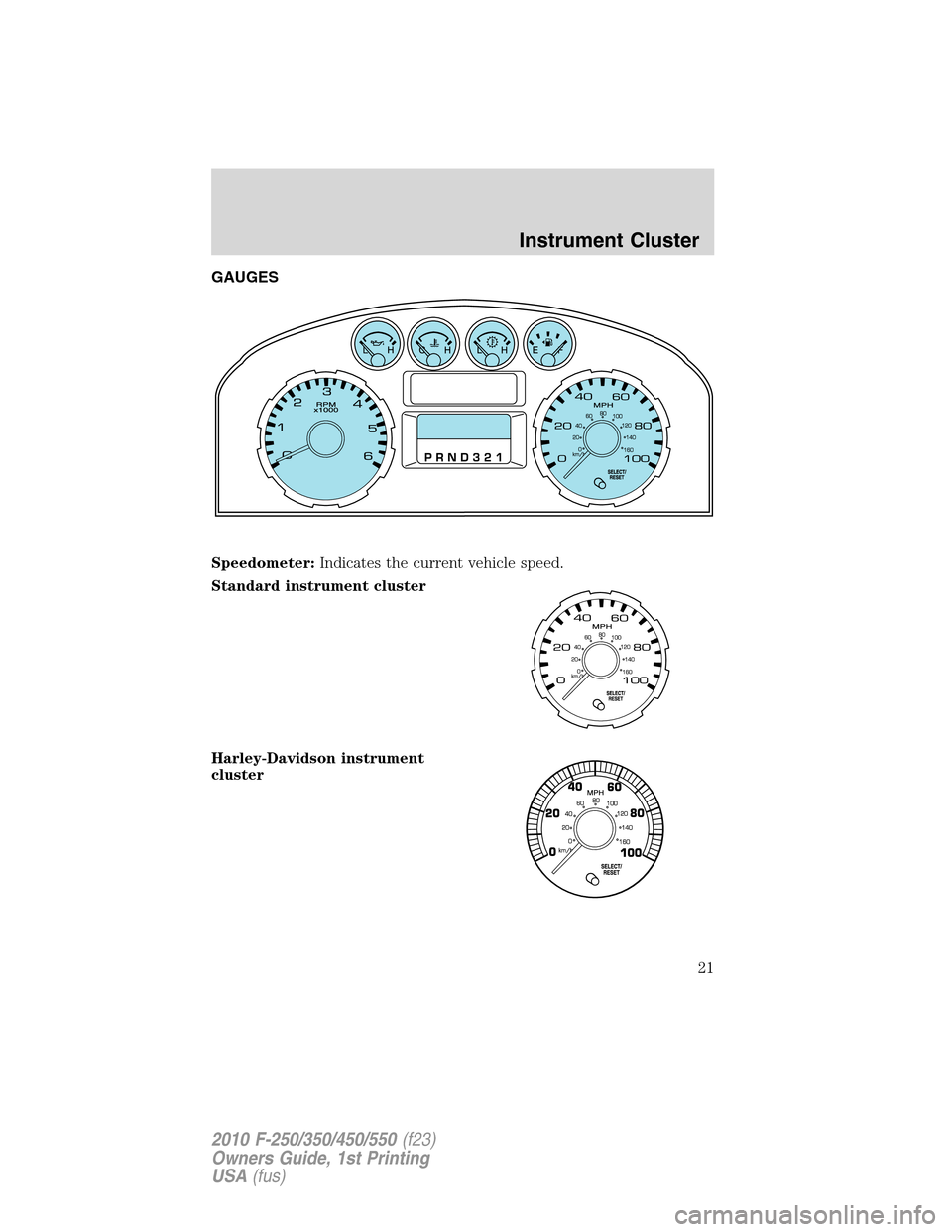 FORD SUPER DUTY 2010 2.G Owners Manual GAUGES
Speedometer:Indicates the current vehicle speed.
Standard instrument cluster
Harley-Davidson instrument
cluster
Instrument Cluster
21
2010 F-250/350/450/550(f23)
Owners Guide, 1st Printing
USA(