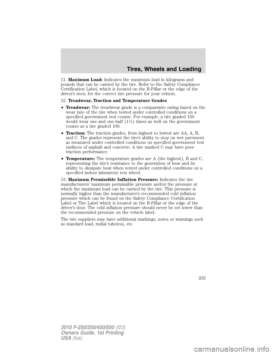 FORD SUPER DUTY 2010 2.G Owners Manual 11.Maximum Load:Indicates the maximum load in kilograms and
pounds that can be carried by the tire. Refer to the Safety Compliance
Certification Label, which is located on the B-Pillar or the edge of 