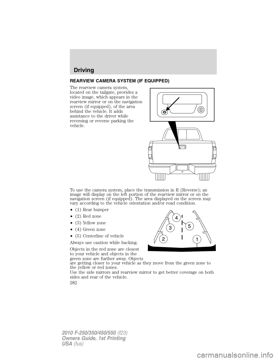 FORD SUPER DUTY 2010 2.G Owners Manual REARVIEW CAMERA SYSTEM (IF EQUIPPED)
The rearview camera system,
located on the tailgate, provides a
video image, which appears in the
rearview mirror or on the navigation
screen (if equipped), of the