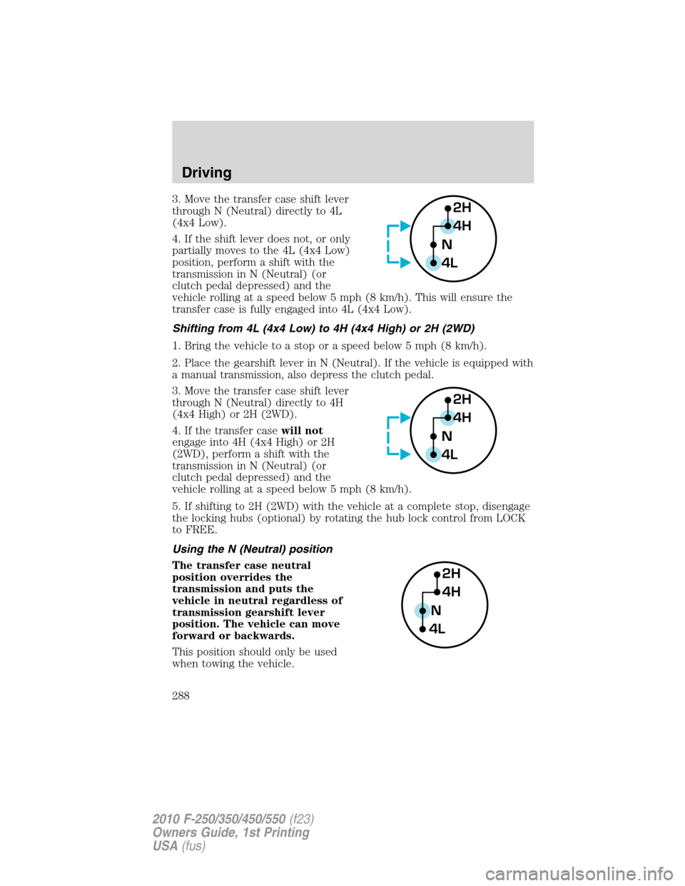 FORD SUPER DUTY 2010 2.G Owners Manual 3. Move the transfer case shift lever
through N (Neutral) directly to 4L
(4x4 Low).
4. If the shift lever does not, or only
partially moves to the 4L (4x4 Low)
position, perform a shift with the
trans FORD SUPER DUTY 2010 2.G Owners Manual 3. Move the transfer case shift lever
through N (Neutral) directly to 4L
(4x4 Low).
4. If the shift lever does not, or only
partially moves to the 4L (4x4 Low)
position, perform a shift with the
trans