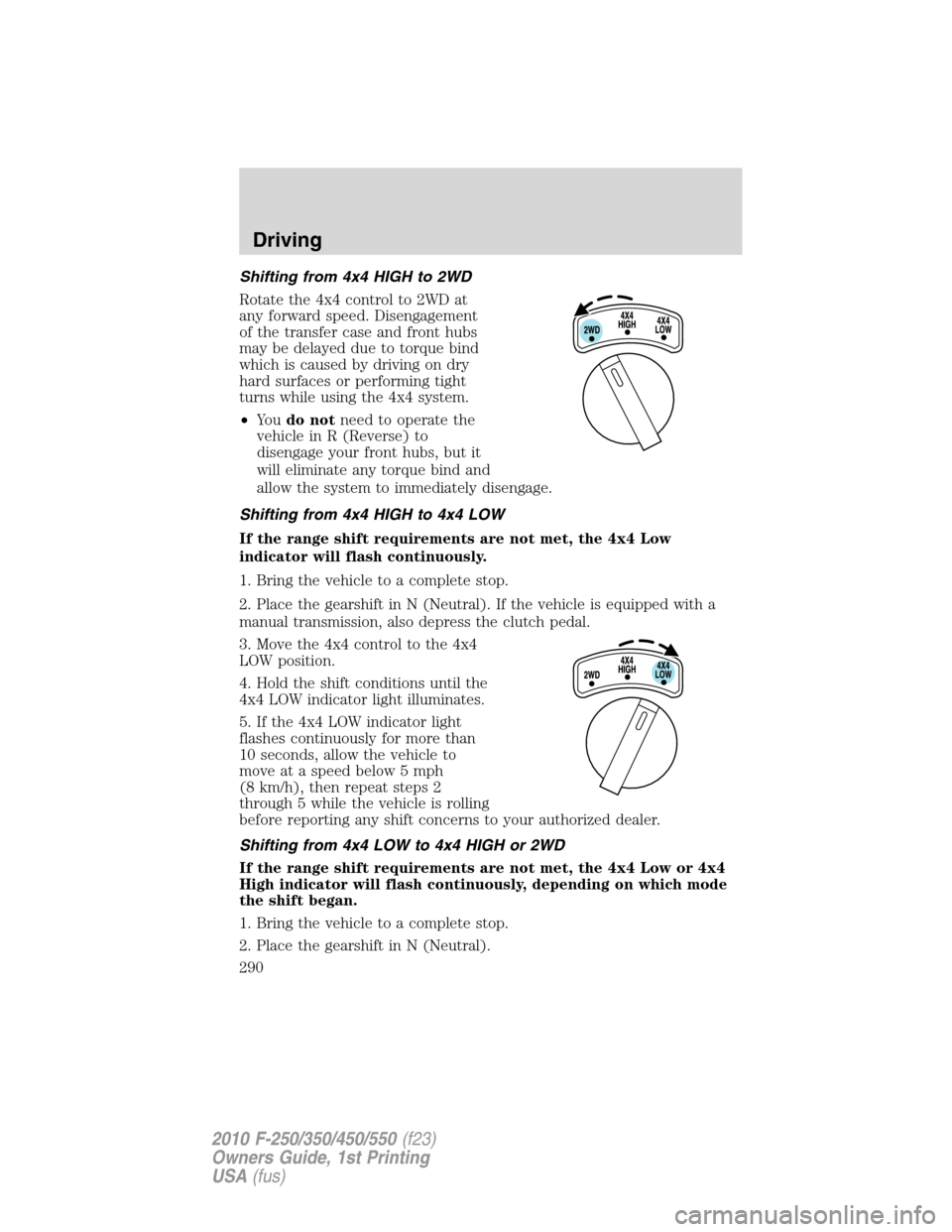 FORD SUPER DUTY 2010 2.G Owners Manual Shifting from 4x4 HIGH to 2WD
Rotate the 4x4 control to 2WD at
any forward speed. Disengagement
of the transfer case and front hubs
may be delayed due to torque bind
which is caused by driving on dry
FORD SUPER DUTY 2010 2.G Owners Manual Shifting from 4x4 HIGH to 2WD
Rotate the 4x4 control to 2WD at
any forward speed. Disengagement
of the transfer case and front hubs
may be delayed due to torque bind
which is caused by driving on dry