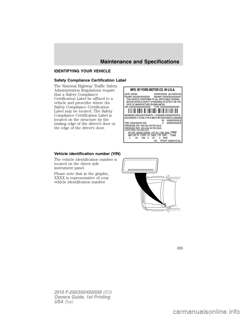 FORD SUPER DUTY 2010 2.G Owners Manual IDENTIFYING YOUR VEHICLE
Safety Compliance Certification Label
The National Highway Traffic Safety
Administration Regulations require
that a Safety Compliance
Certification Label be affixed to a
vehic FORD SUPER DUTY 2010 2.G Owners Manual IDENTIFYING YOUR VEHICLE
Safety Compliance Certification Label
The National Highway Traffic Safety
Administration Regulations require
that a Safety Compliance
Certification Label be affixed to a
vehic