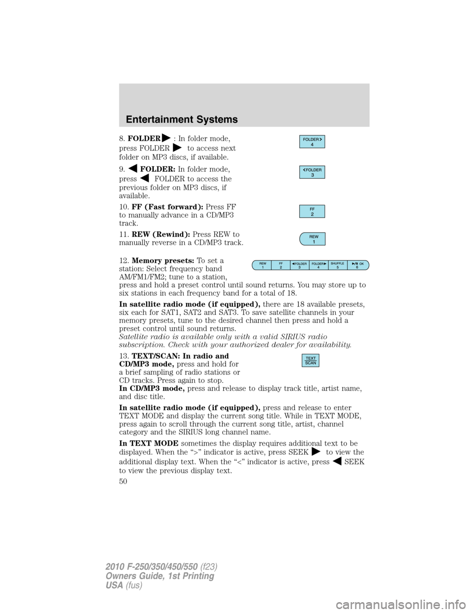 FORD SUPER DUTY 2010 2.G Service Manual 8.FOLDER: In folder mode,
press FOLDER
to access next
folder on MP3 discs, if available.
9.
FOLDER:In folder mode,
press
FOLDER to access the
previous folder on MP3 discs, if
available.
10.FF (Fast fo
