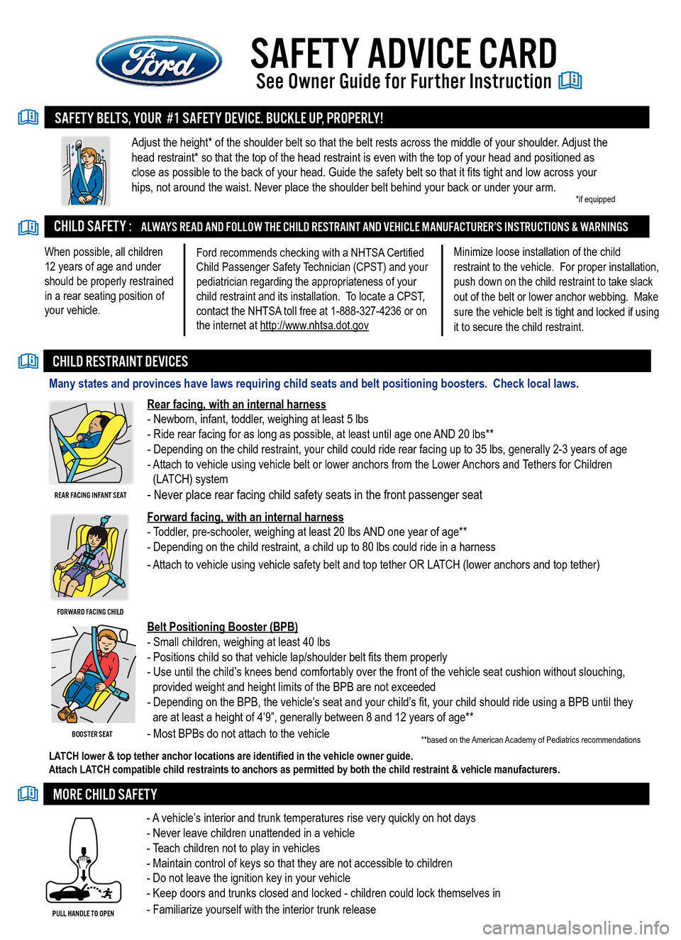 FORD SUPER DUTY 2010 2.G Safety Advice Card SAFETY ADVICE CARD
See Owner Guide for Further Instruction
Adjust the height* of the shoulder belt so that the belt rests across th\
e middle of your shoulder. Adjust the 
head restraint* so that the 