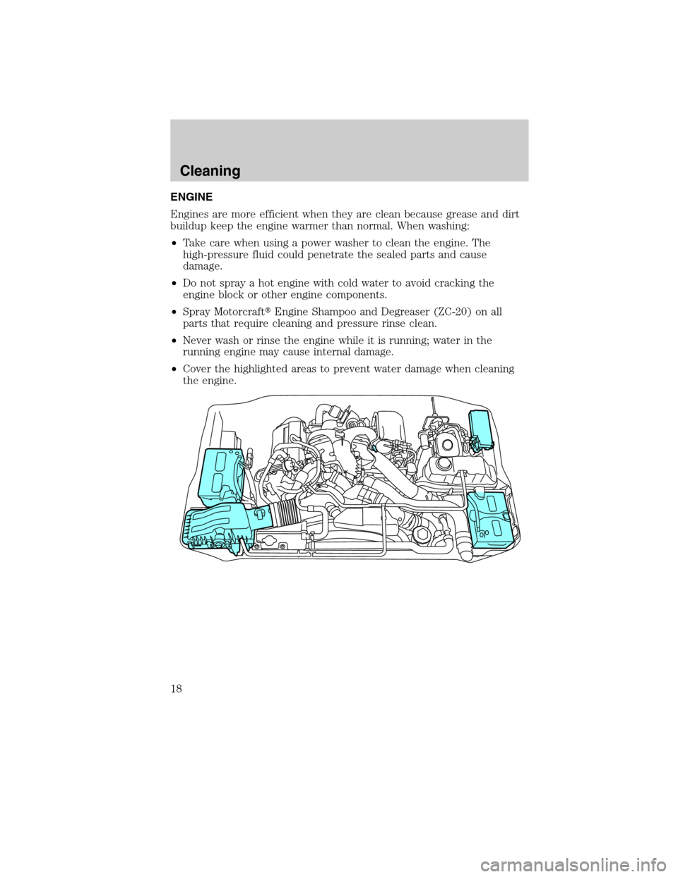 FORD SUPER DUTY 2011 3.G Diesel Supplement Manual ENGINE
Engines are more efficient when they are clean because grease and dirt
buildup keep the engine warmer than normal. When washing:
•Take care when using a power washer to clean the engine. The
