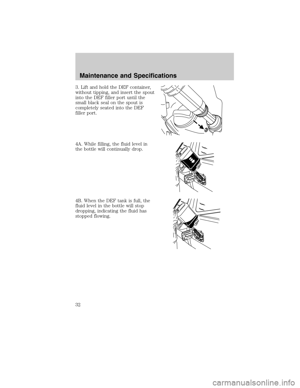 FORD SUPER DUTY 2011 3.G Diesel Supplement Manual 3. Lift and hold the DEF container,
without tipping, and insert the spout
into the DEF filler port until the
small black seal on the spout is
completely seated into the DEF
filler port.
4A. While fill