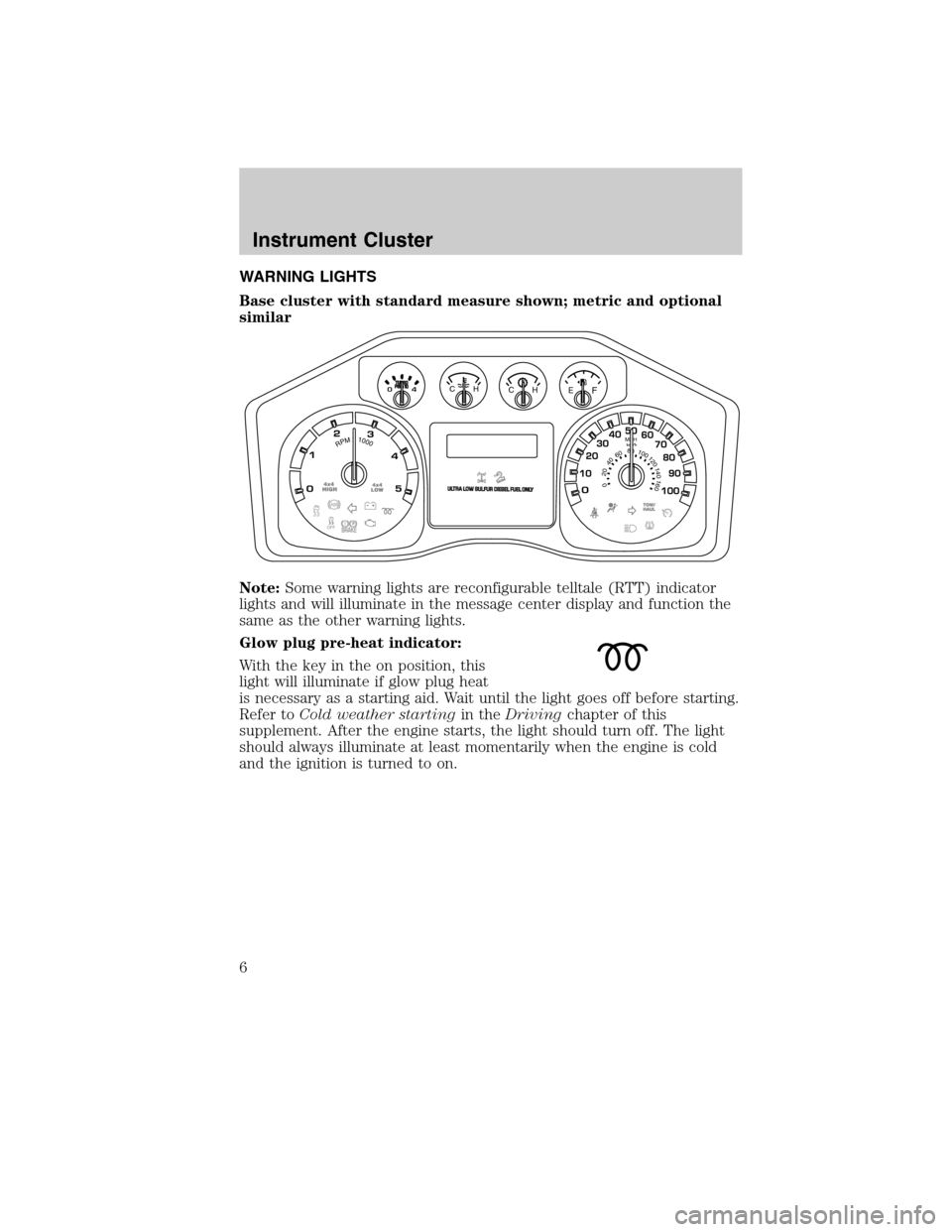 FORD SUPER DUTY 2011 3.G Diesel Supplement Manual WARNING LIGHTS
Base cluster with standard measure shown; metric and optional
similar
Note:Some warning lights are reconfigurable telltale (RTT) indicator
lights and will illuminate in the message cent FORD SUPER DUTY 2011 3.G Diesel Supplement Manual WARNING LIGHTS
Base cluster with standard measure shown; metric and optional
similar
Note:Some warning lights are reconfigurable telltale (RTT) indicator
lights and will illuminate in the message cent