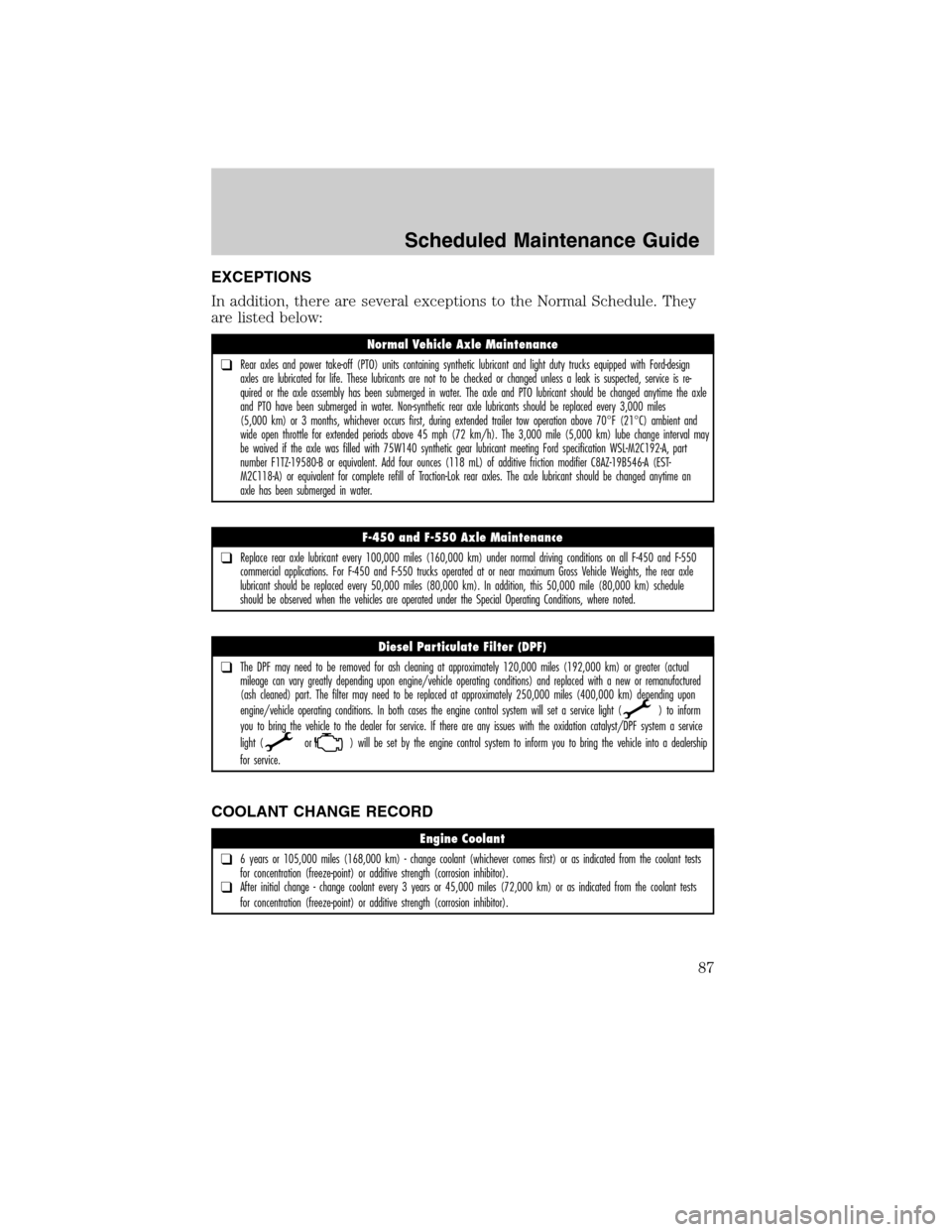 FORD SUPER DUTY 2011 3.G Diesel Supplement Manual EXCEPTIONS
In addition, there are several exceptions to the Normal Schedule. They
are listed below:
COOLANT CHANGE RECORD
Normal Vehicle Axle Maintenance
❑Rear axles and power take-off (PTO) units c FORD SUPER DUTY 2011 3.G Diesel Supplement Manual EXCEPTIONS
In addition, there are several exceptions to the Normal Schedule. They
are listed below:
COOLANT CHANGE RECORD
Normal Vehicle Axle Maintenance
❑Rear axles and power take-off (PTO) units c
