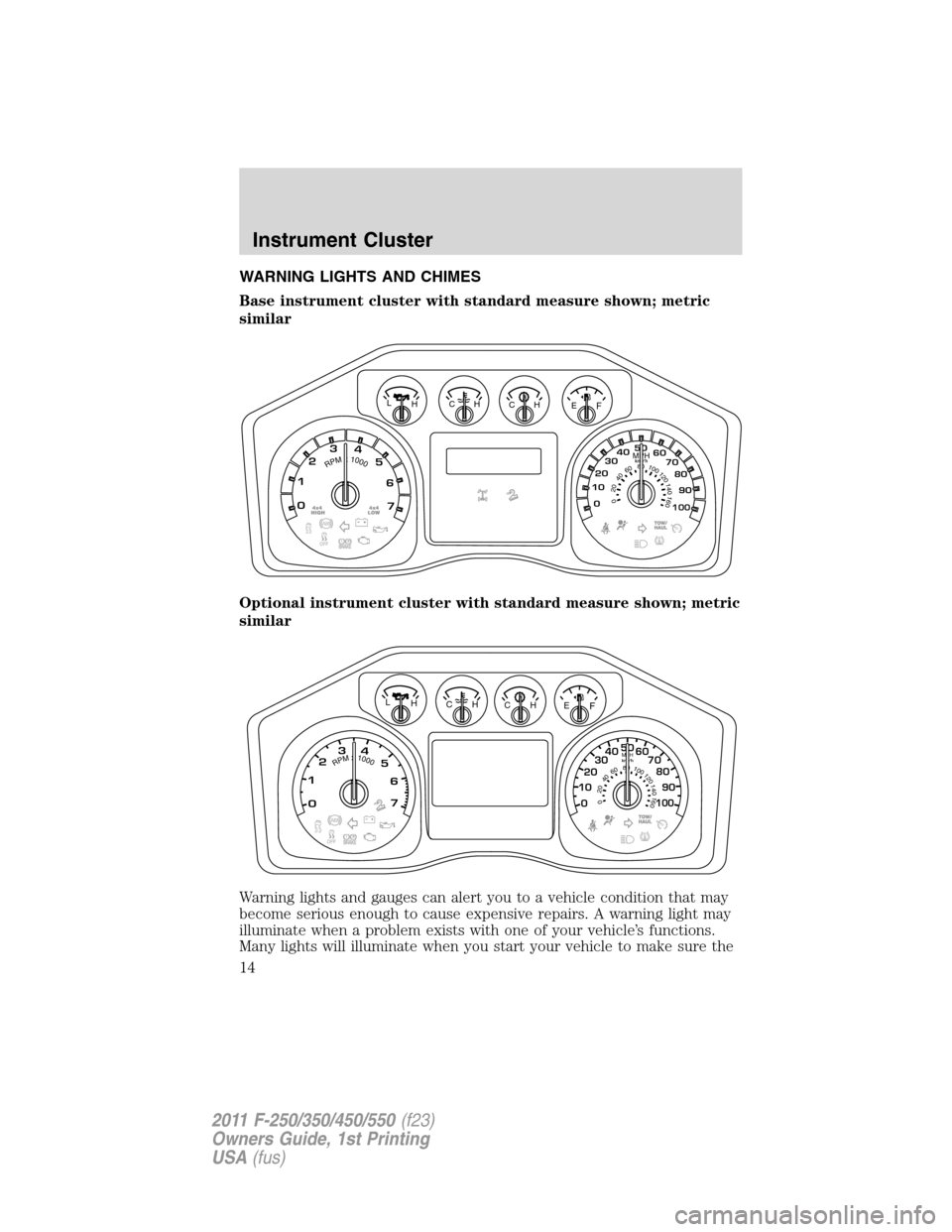 FORD SUPER DUTY 2011 3.G User Guide WARNING LIGHTS AND CHIMES
Base instrument cluster with standard measure shown; metric
similar
Optional instrument cluster with standard measure shown; metric
similar
Warning lights and gauges can aler