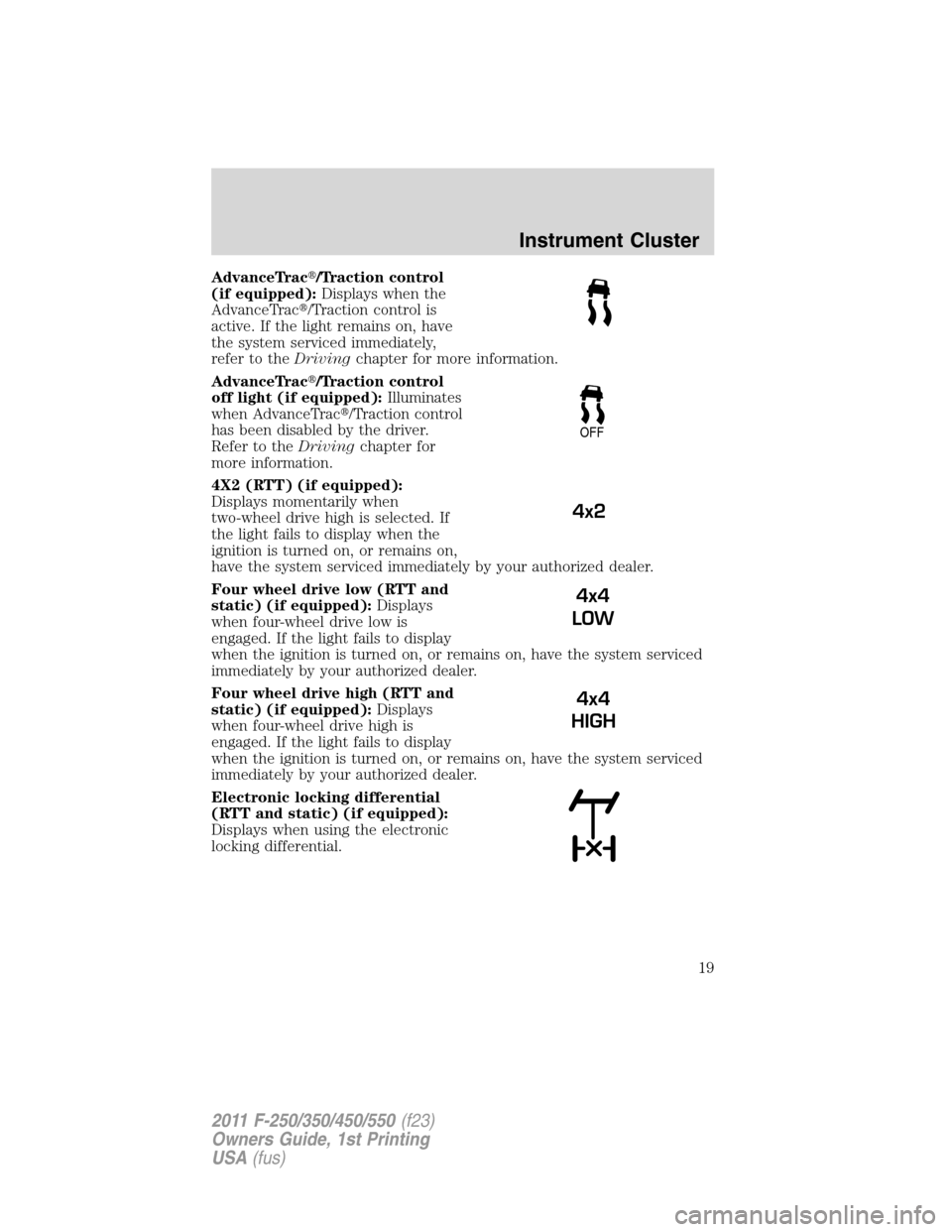 FORD SUPER DUTY 2011 3.G User Guide AdvanceTrac/Traction control
(if equipped):Displays when the
AdvanceTrac/Traction control is
active. If the light remains on, have
the system serviced immediately,
refer to theDrivingchapter for mor