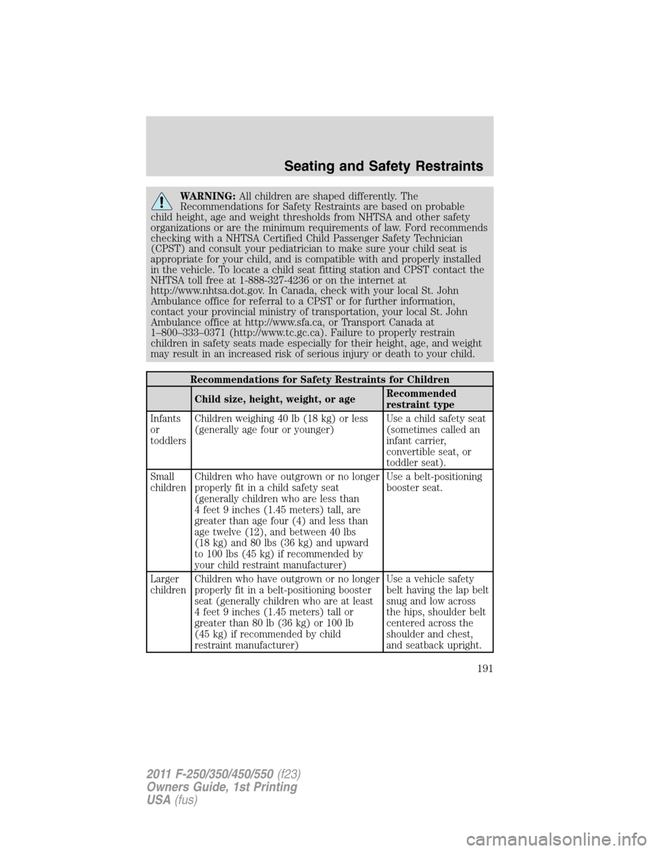 FORD SUPER DUTY 2011 3.G Owners Manual WARNING:All children are shaped differently. The
Recommendations for Safety Restraints are based on probable
child height, age and weight thresholds from NHTSA and other safety
organizations or are th