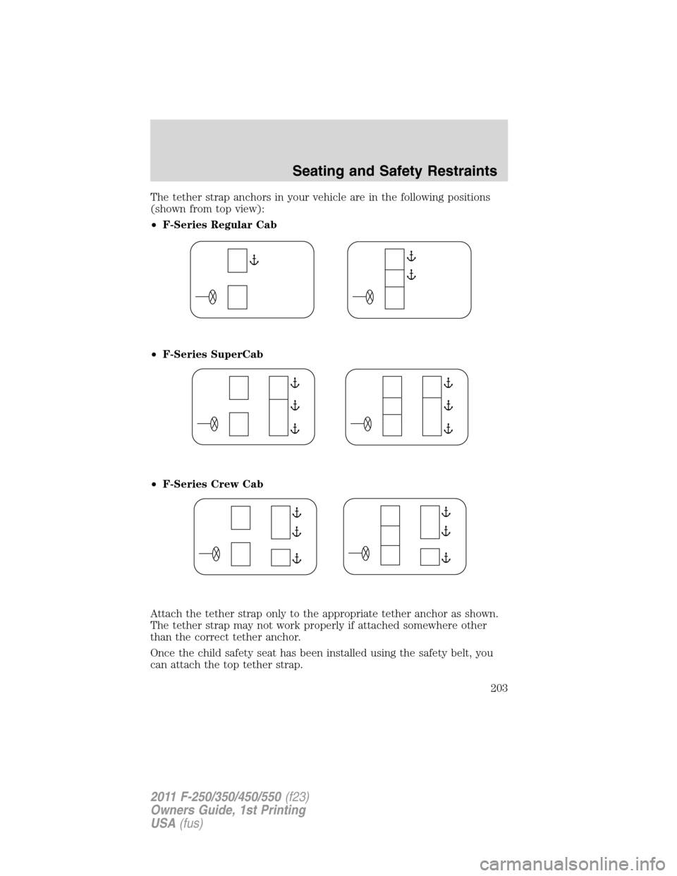 FORD SUPER DUTY 2011 3.G Owners Manual The tether strap anchors in your vehicle are in the following positions
(shown from top view):
•F-Series Regular Cab
•F-Series SuperCab
•F-Series Crew Cab
Attach the tether strap only to the app