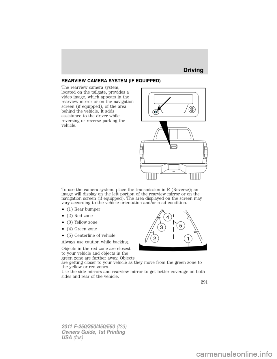 FORD SUPER DUTY 2011 3.G Owners Manual REARVIEW CAMERA SYSTEM (IF EQUIPPED)
The rearview camera system,
located on the tailgate, provides a
video image, which appears in the
rearview mirror or on the navigation
screen (if equipped), of the