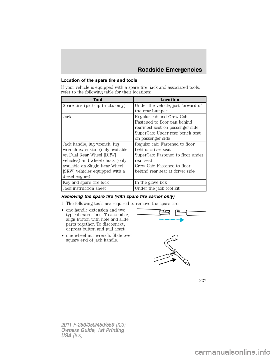 FORD SUPER DUTY 2011 3.G Owners Manual Location of the spare tire and tools
If your vehicle is equipped with a spare tire, jack and associated tools,
refer to the following table for their locations:
Tool Location
Spare tire (pick-up truck