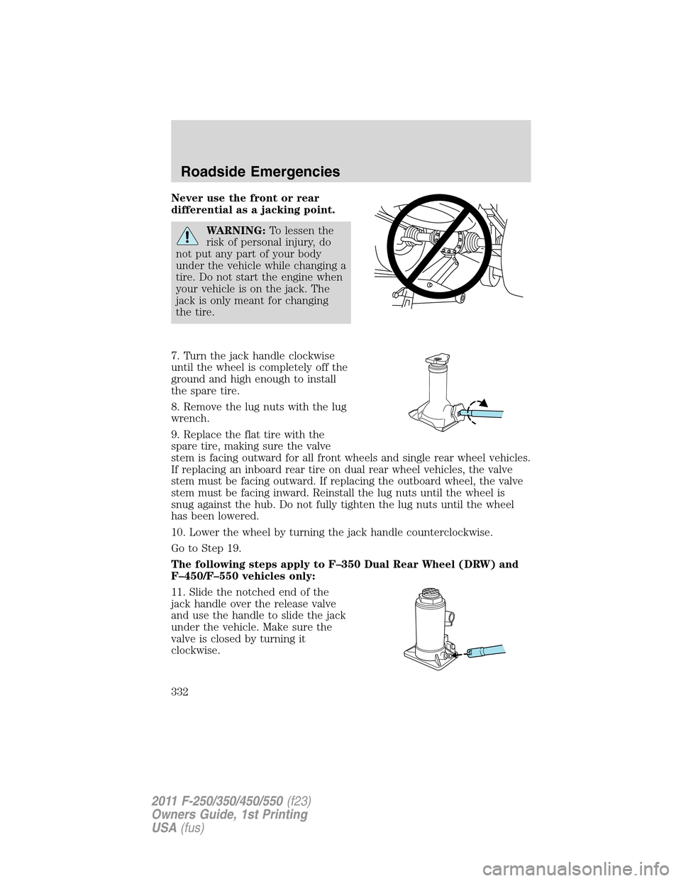 FORD SUPER DUTY 2011 3.G Owners Manual Never use the front or rear
differential as a jacking point.
WARNING:To lessen the
risk of personal injury, do
not put any part of your body
under the vehicle while changing a
tire. Do not start the e