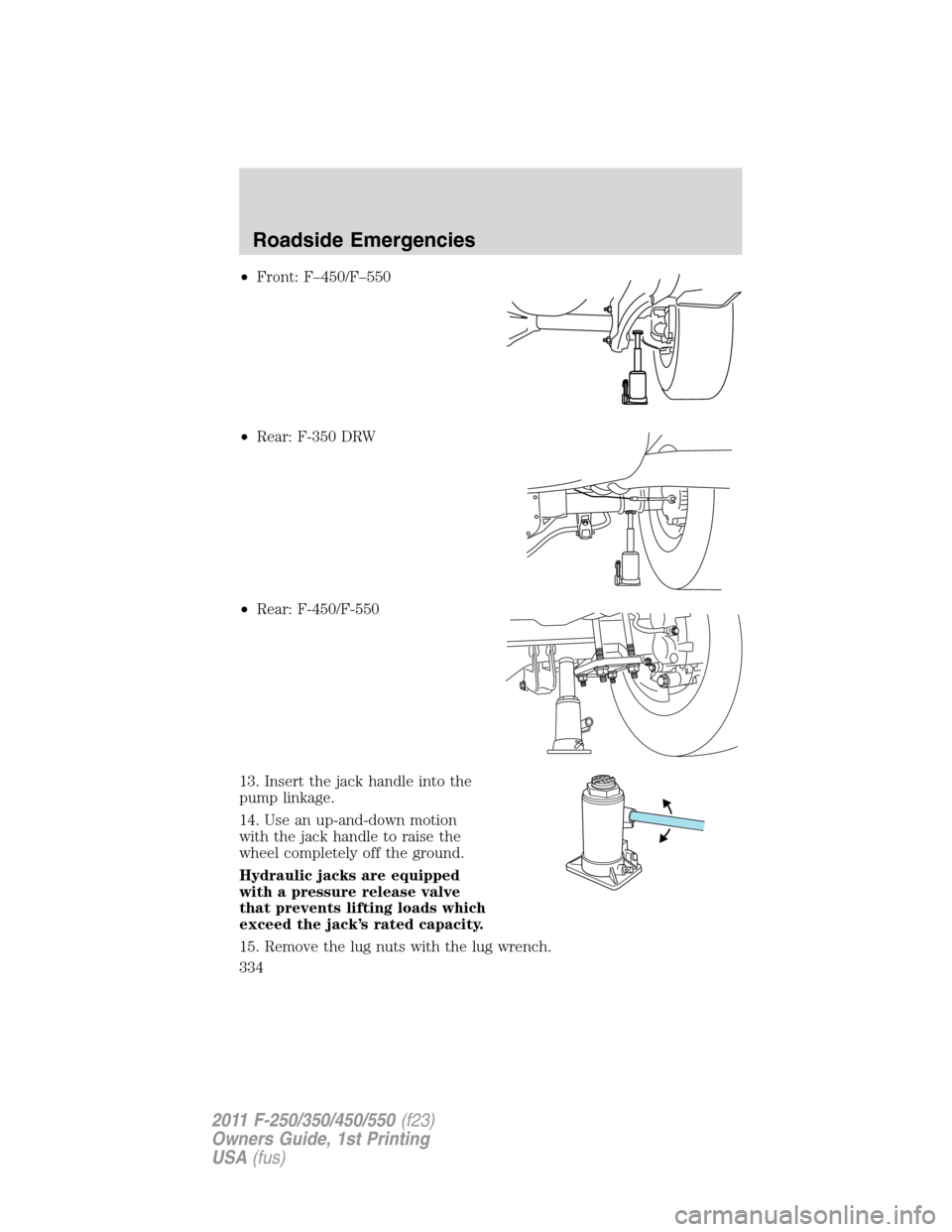 FORD SUPER DUTY 2011 3.G Owners Manual •Front: F–450/F–550
•Rear: F-350 DRW
•Rear: F-450/F-550
13. Insert the jack handle into the
pump linkage.
14. Use an up-and-down motion
with the jack handle to raise the
wheel completely off