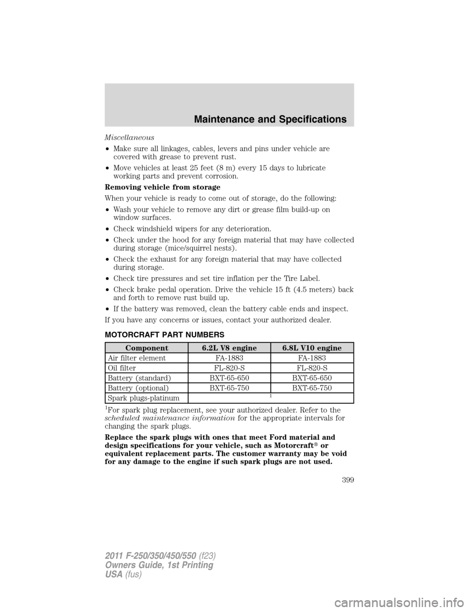 FORD SUPER DUTY 2011 3.G Owners Guide Miscellaneous
•Make sure all linkages, cables, levers and pins under vehicle are
covered with grease to prevent rust.
•Move vehicles at least 25 feet (8 m) every 15 days to lubricate
working parts