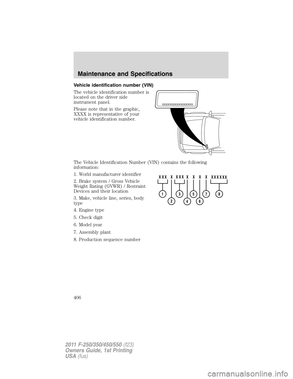 FORD SUPER DUTY 2011 3.G Owners Manual Vehicle identification number (VIN)
The vehicle identification number is
located on the driver side
instrument panel.
Please note that in the graphic,
XXXX is representative of your
vehicle identifica