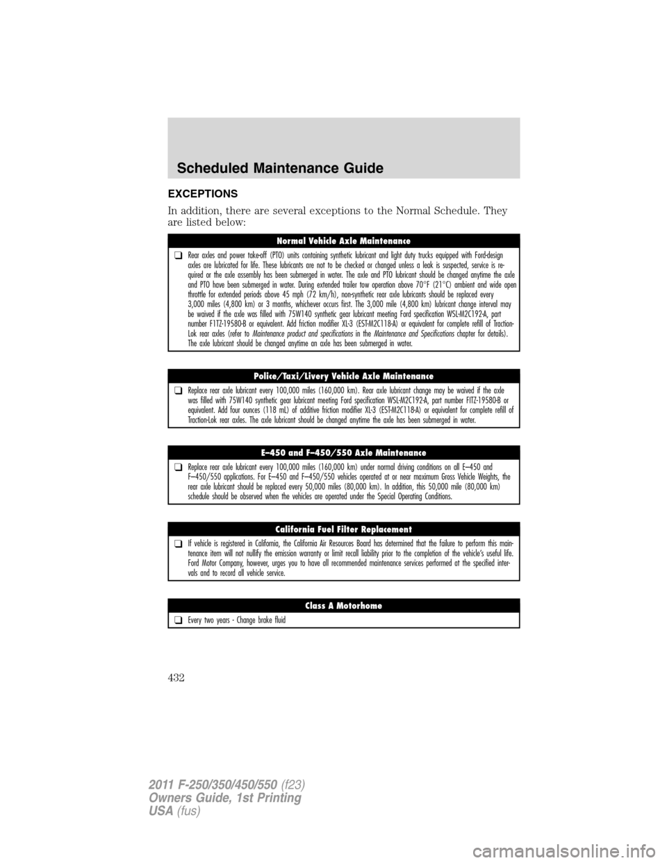FORD SUPER DUTY 2011 3.G Owners Manual EXCEPTIONS
In addition, there are several exceptions to the Normal Schedule. They
are listed below:
Normal Vehicle Axle Maintenance
❑Rear axles and power take-off (PTO) units containing synthetic lu