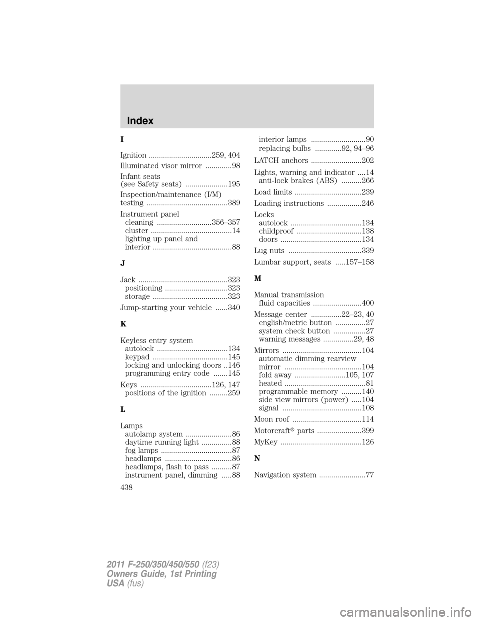FORD SUPER DUTY 2011 3.G Owners Manual I
Ignition ...............................259, 404
Illuminated visor mirror .............98
Infant seats
(see Safety seats) .....................195
Inspection/maintenance (I/M)
testing ..............